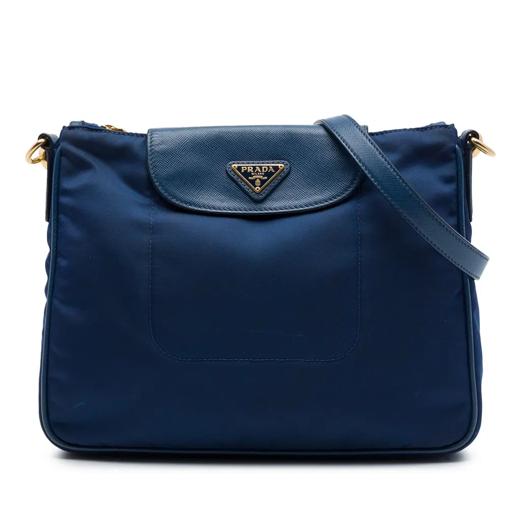 Prada Saffiano Trimmed Tessuto Crossbody Blue Very good - Front View