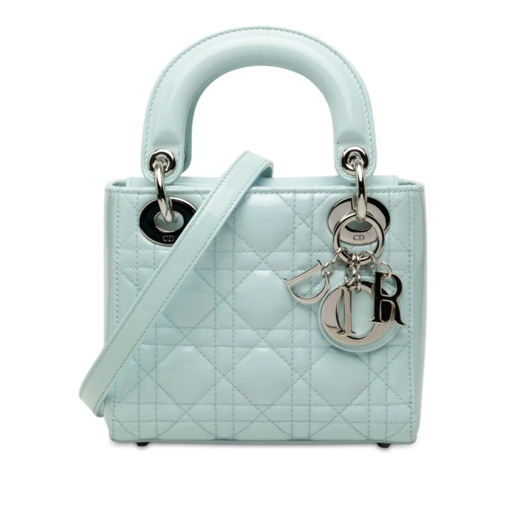 Dior Mini Patent Cannage Lady Dior Blue Leather Very good - Front View