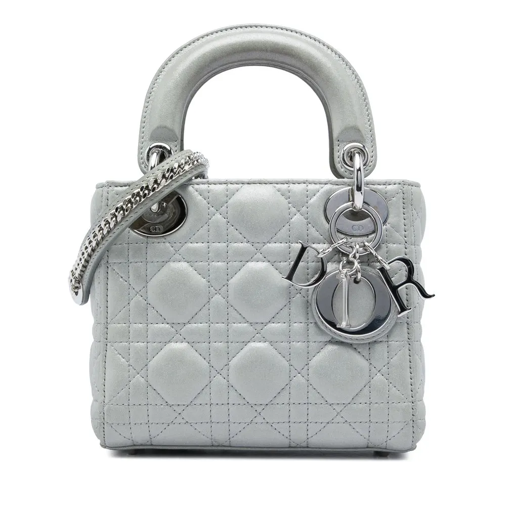 Dior Mini Iridescent Lambskin Cannage Lady Dior Silver Leather Very good - Front View