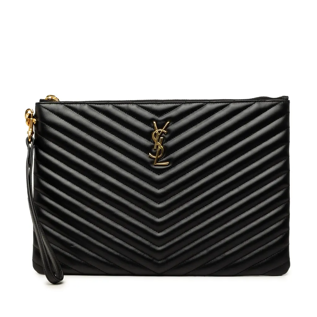 Saint Laurent Chevron Calfskin Cassandre Document Holder Black Leather Very good - Front View