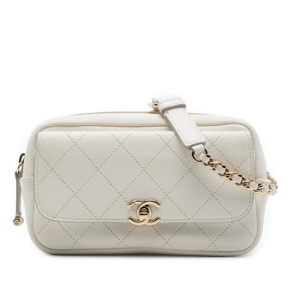 Chanel Quilted Goatskin Casual Trip Waist Bag White Leather Very good - Front View