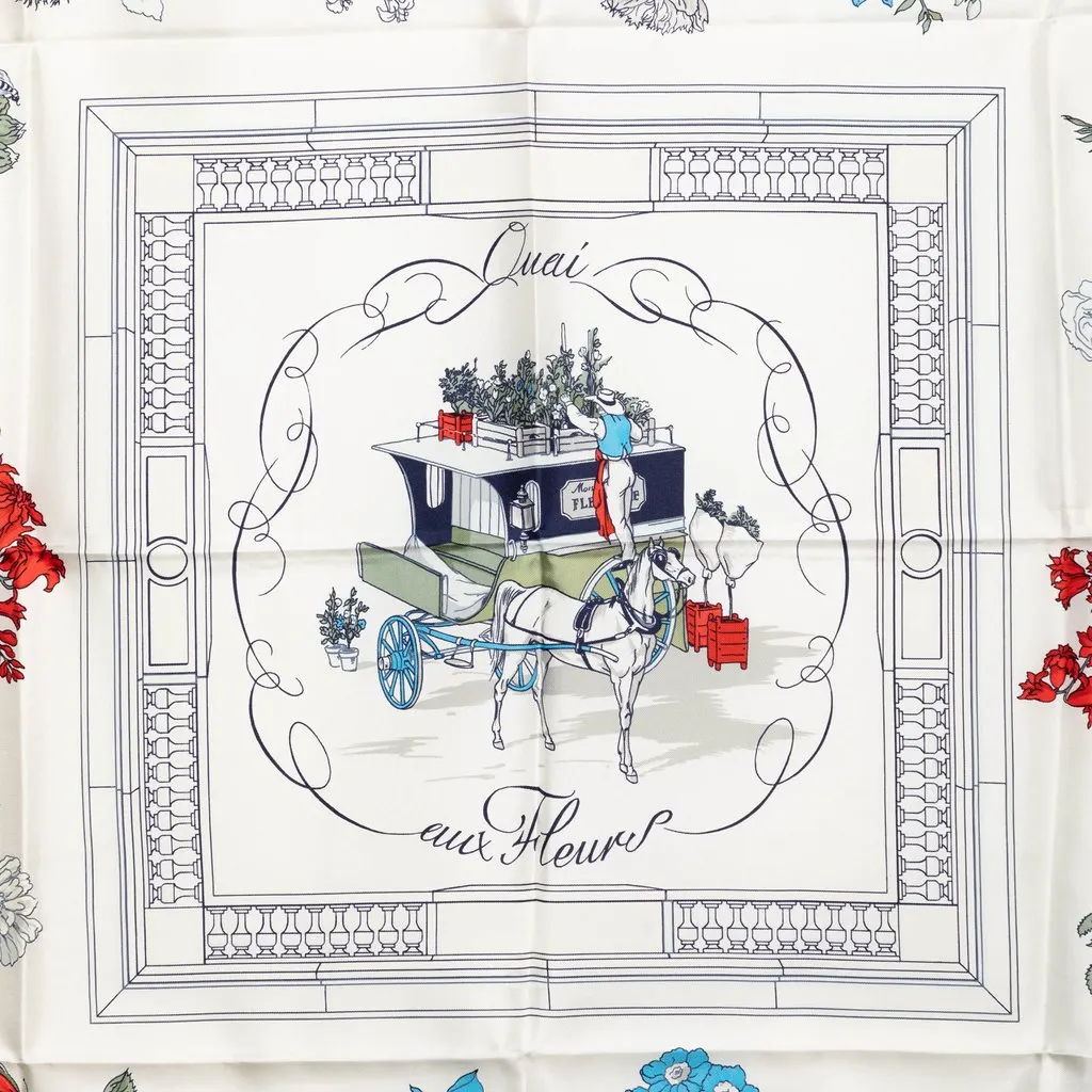 Hermès Quai Aux Fleurs Silk Scarf 90 White Very good - Back View