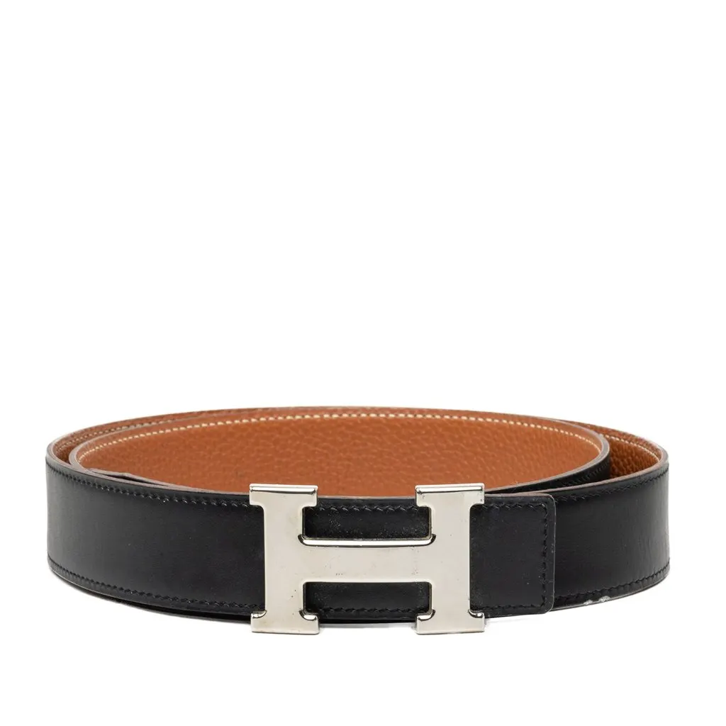 Hermès Box Calf and Togo Constance H Reversible Belt Black Leather Very good - Front View