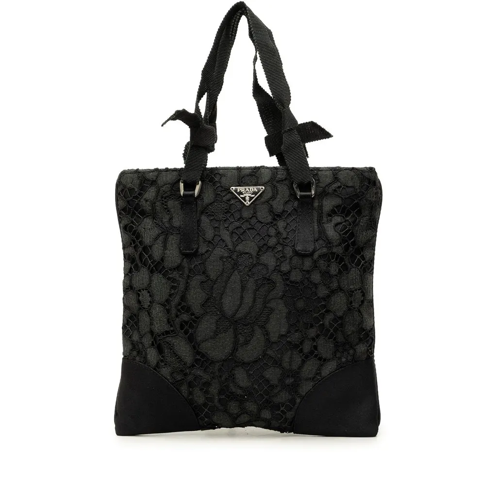 Prada Tessuto and Floral Lace Handbag Black Polyamide Very good - Front View