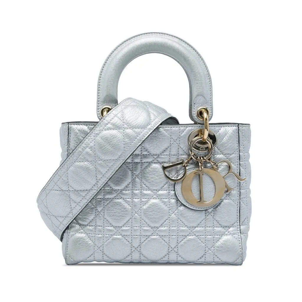 Dior Small Metallic Grained Calfskin Cannage Supple Lady Dior Silver Leather Very good - Front View