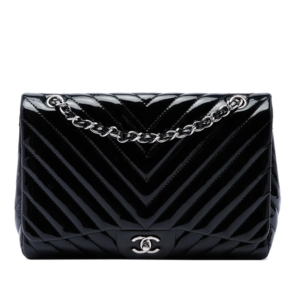 Chanel Jumbo Classic Chevron Patent Single Flap Black Leather Very good - Front View