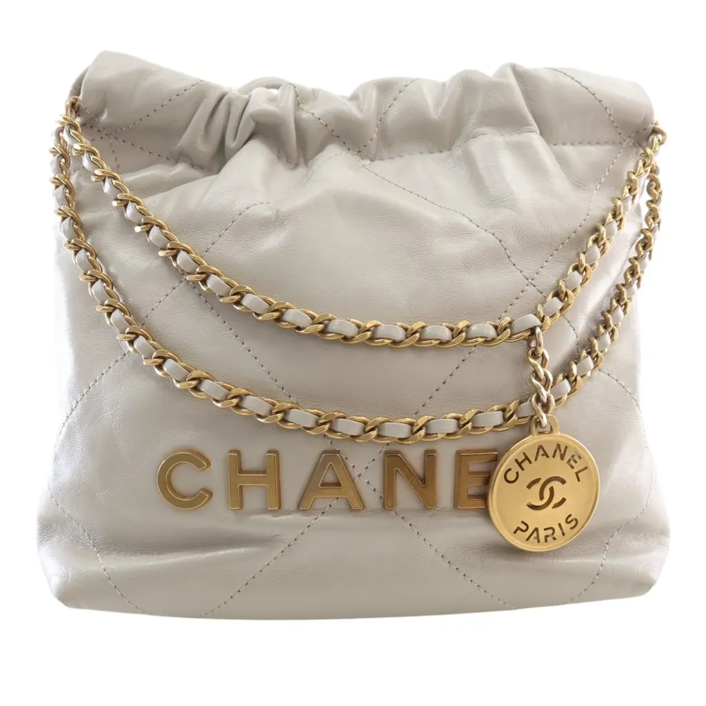 Chanel Mini Shiny Calfskin 22 Hobo White Leather Very good - Front View
