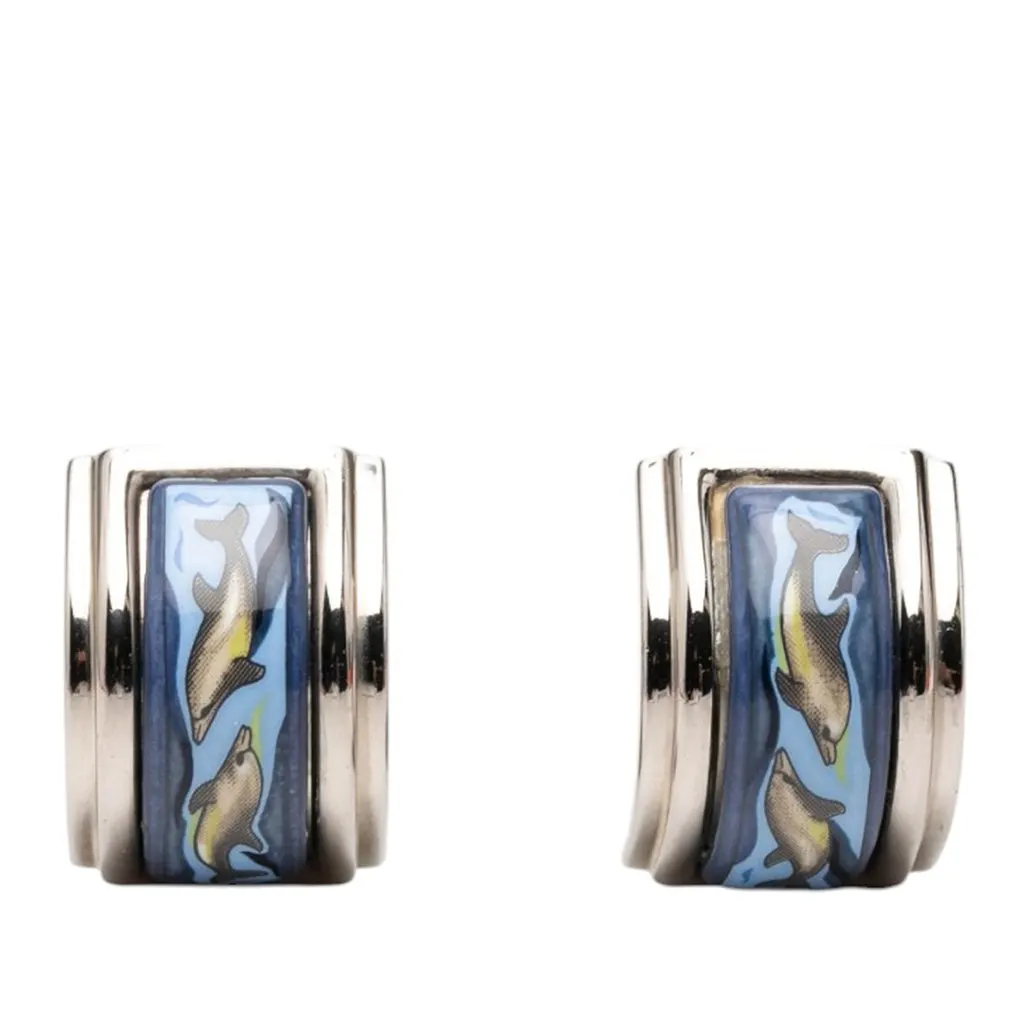 Hermès Enamel Dolphin in Sea Cloisonne Clip on Earrings Blue Very good - Front View