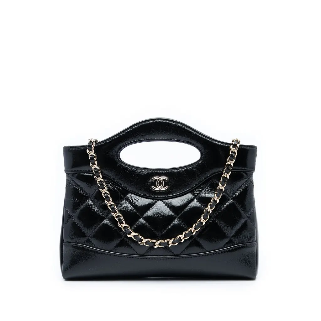 Chanel Nano Shiny Crumpled Calfskin 31 Shopping Bag Black Leather Very good - Front View