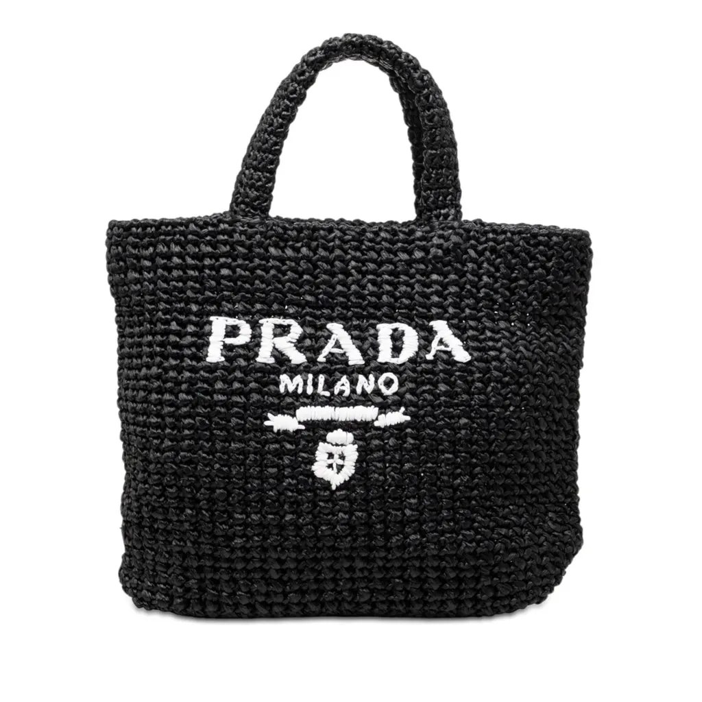 Prada Small Raffia Effect Crochet Embroidered Logo Tote Black Very good - Front View