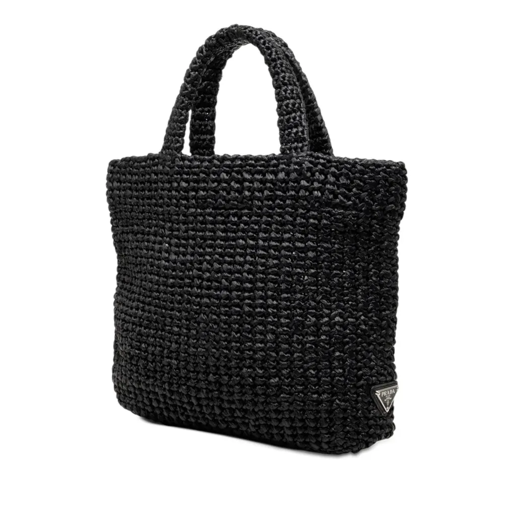 Prada Small Raffia Effect Crochet Embroidered Logo Tote Black Very good - Back View