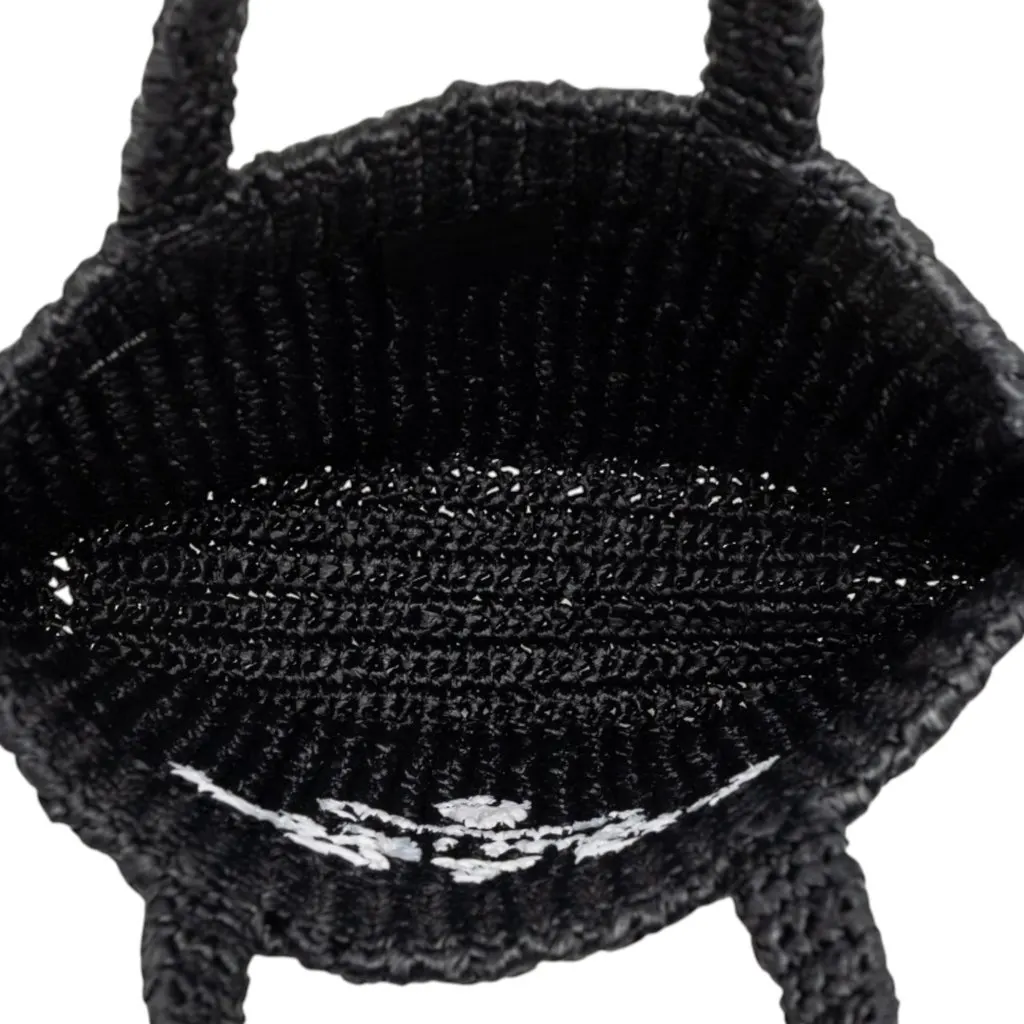Prada Small Raffia Effect Crochet Embroidered Logo Tote Black Very good - Model View