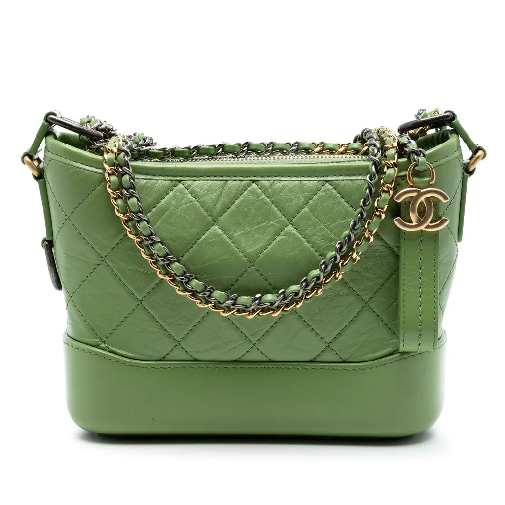 Chanel Small Quilted Aged Calfskin Gabrielle Hobo Green Leather Very good - Front View