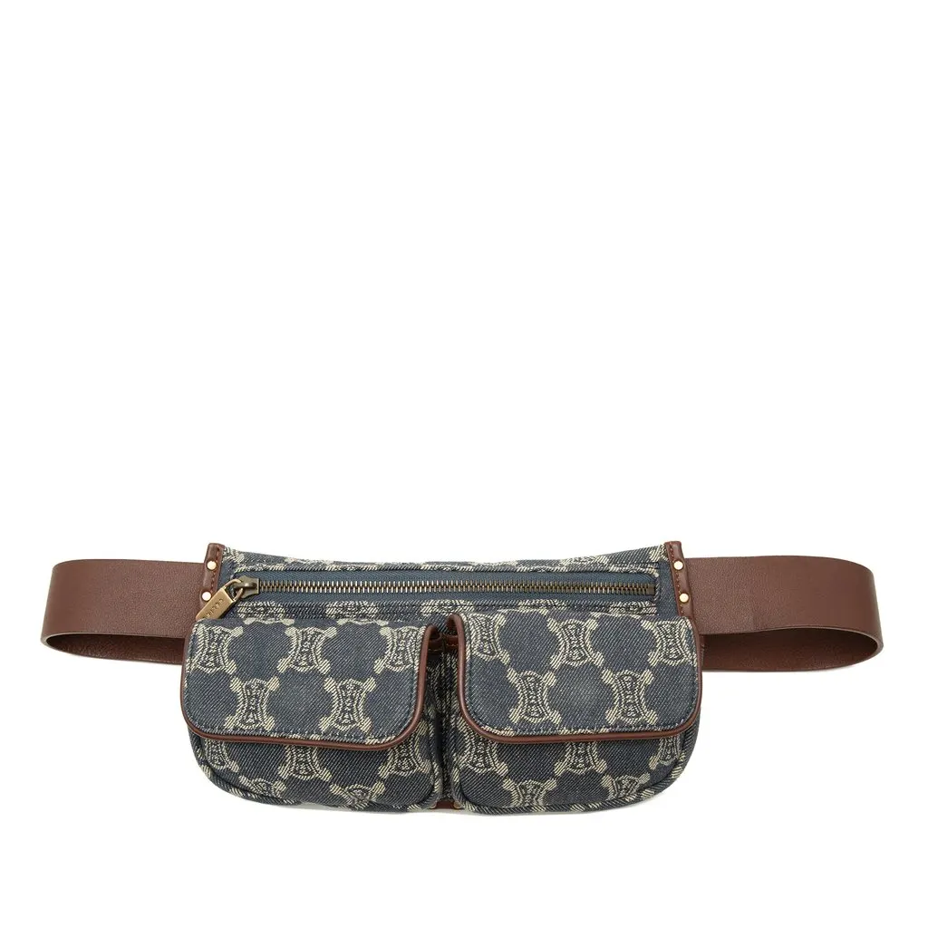 Celine Macadam Denim Double Pocket Belt Bag Blue Denim Very good - Front View