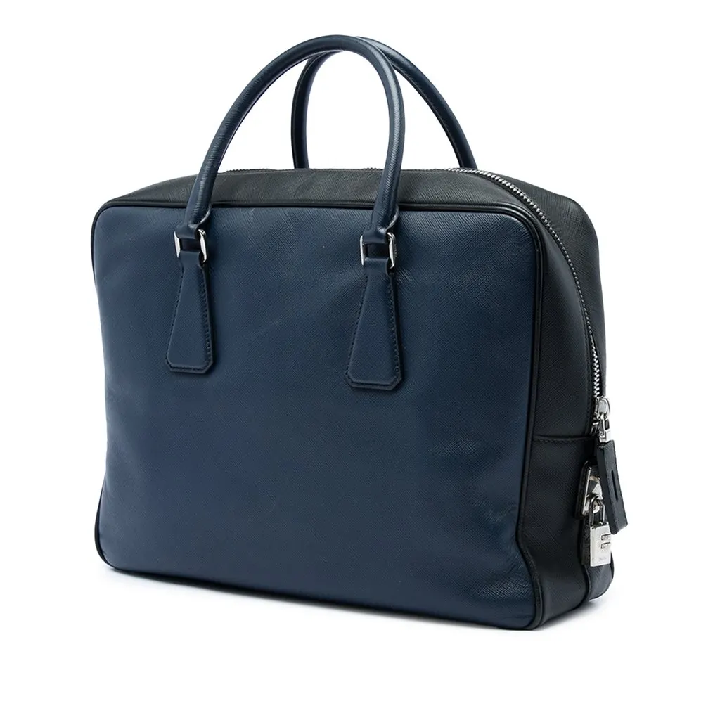 Prada Bicolor Saffiano Business Bag Blue Leather Very good - Back View