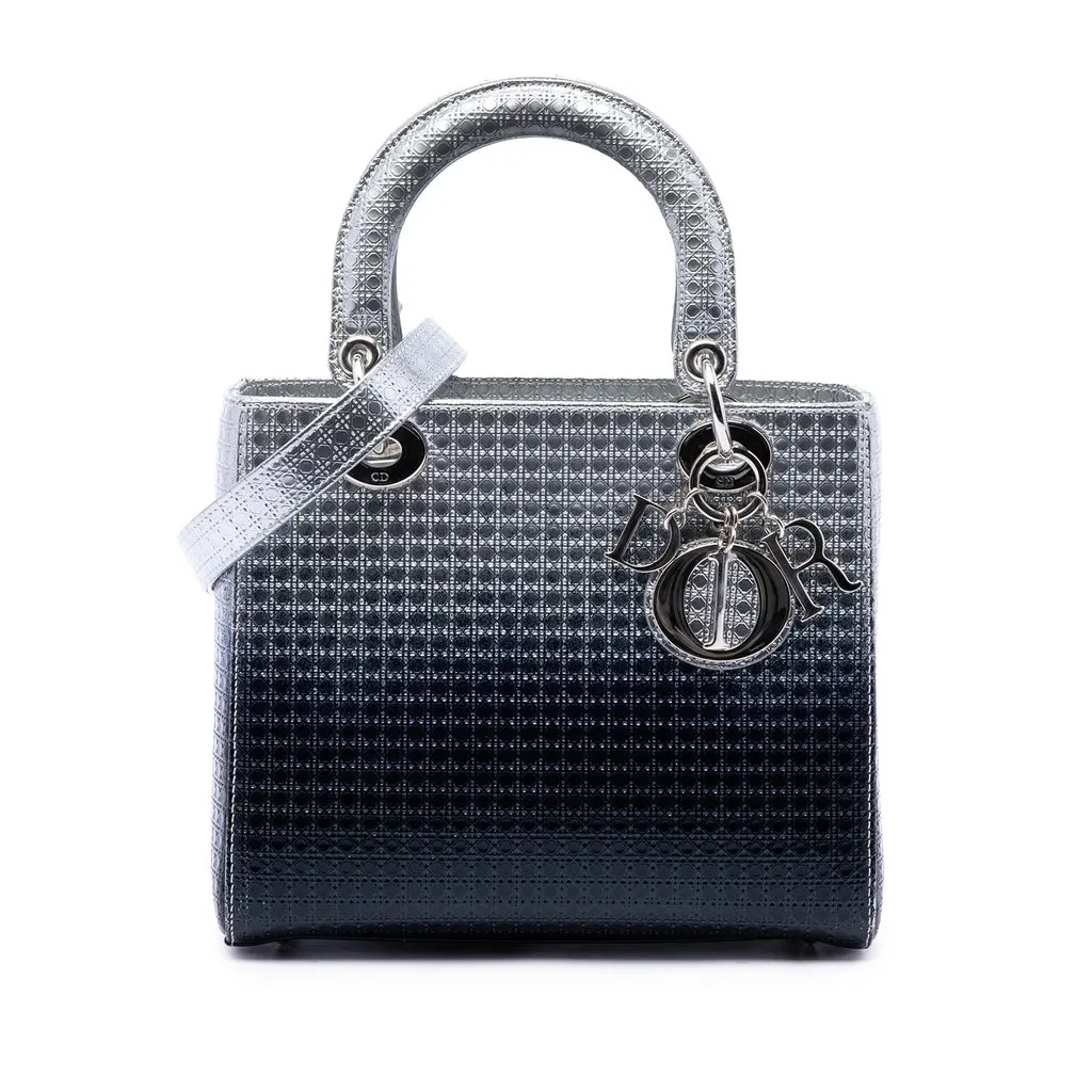 Dior Medium Ombre Metallic Patent Microcannage Lady Dior Silver Leather Good - Front View