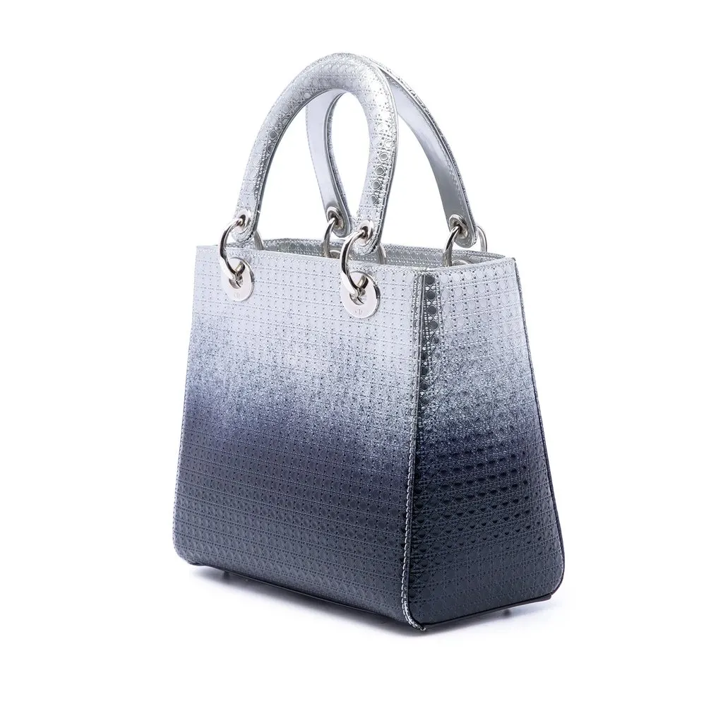 Dior Medium Ombre Metallic Patent Microcannage Lady Dior Silver Leather Good - Back View