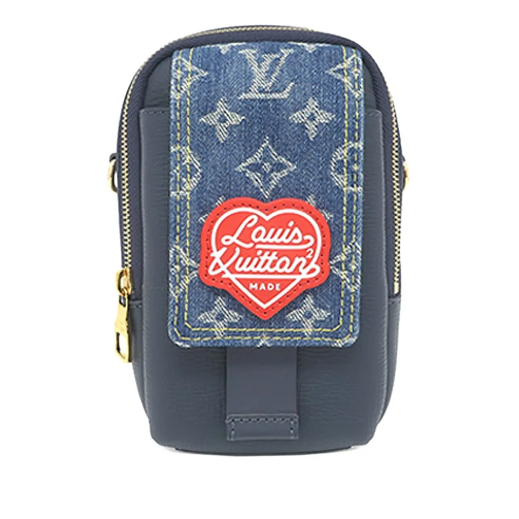 Louis Vuitton Nigo Monogram Denim and Taurillon Double Phone Pouch Blue Very good - Front View