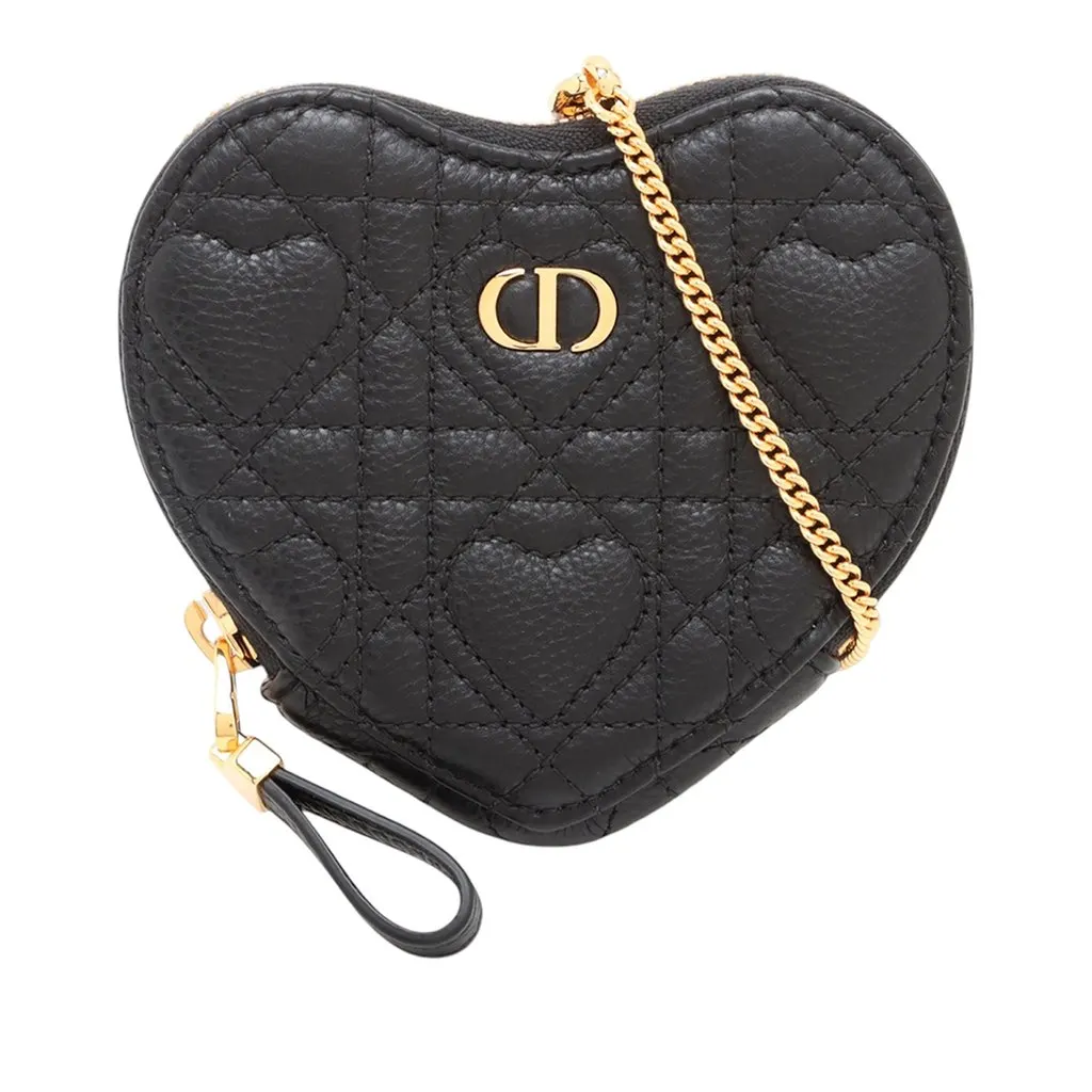 Dior DiorAmour Calfskin Cannage Caro Heart Pouch With Chain Black Leather Very good - Front View