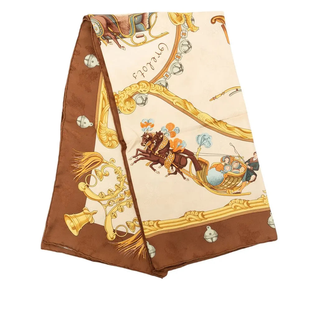Hermès Plumes Et Grelots Silk Scarf 90 Beige Silk Never worn - Front View