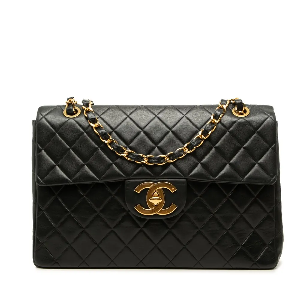 Chanel Maxi XL Classic Lambskin Single Flap Black Leather Good - Front View