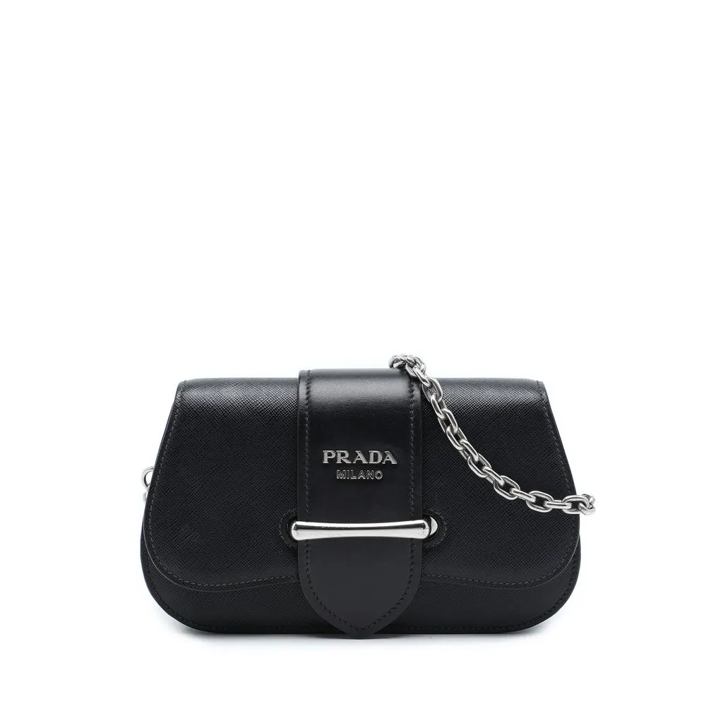 Prada Saffiano and City Calf Sidonie Crossbody Black Leather Very good - Front View