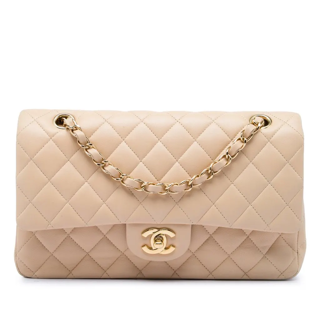 Chanel Medium Classic Lambskin Double Flap Beige Leather Very good - Front View