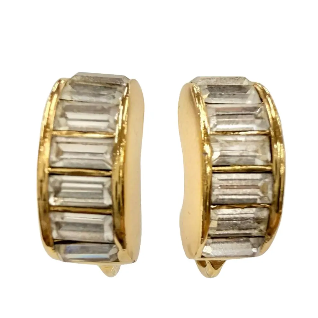 Dior Gold Plated Strass Hoop Clip On Earrings Gold Metal Very good - Front View