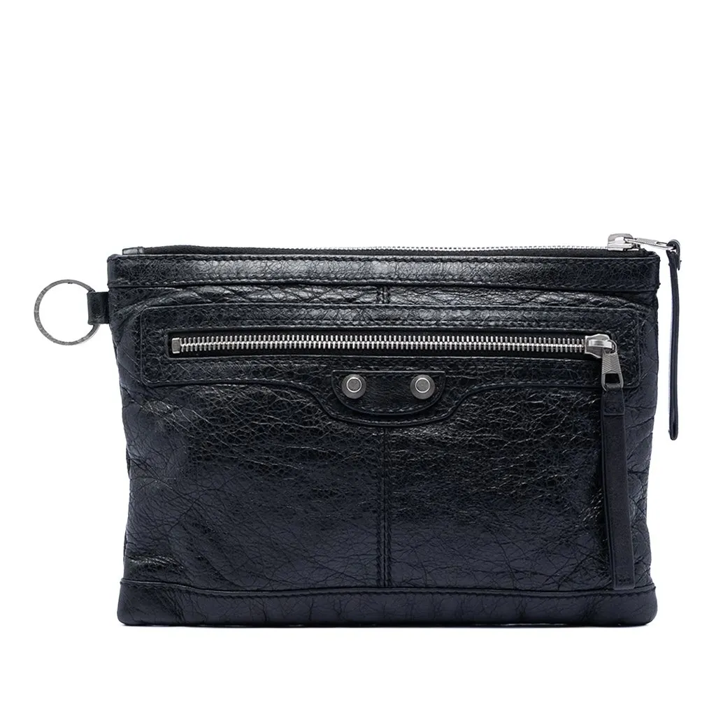 Balenciaga Lambskin Motocross Classic Clip S Clutch Black Leather Very good - Front View