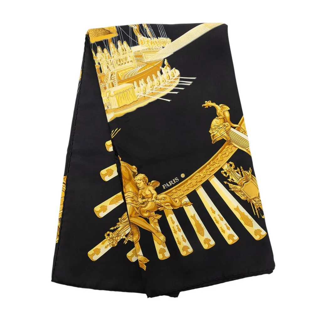 Hermès La Marine a Rames Silk Scarf 90 Black Silk Very good - Front View