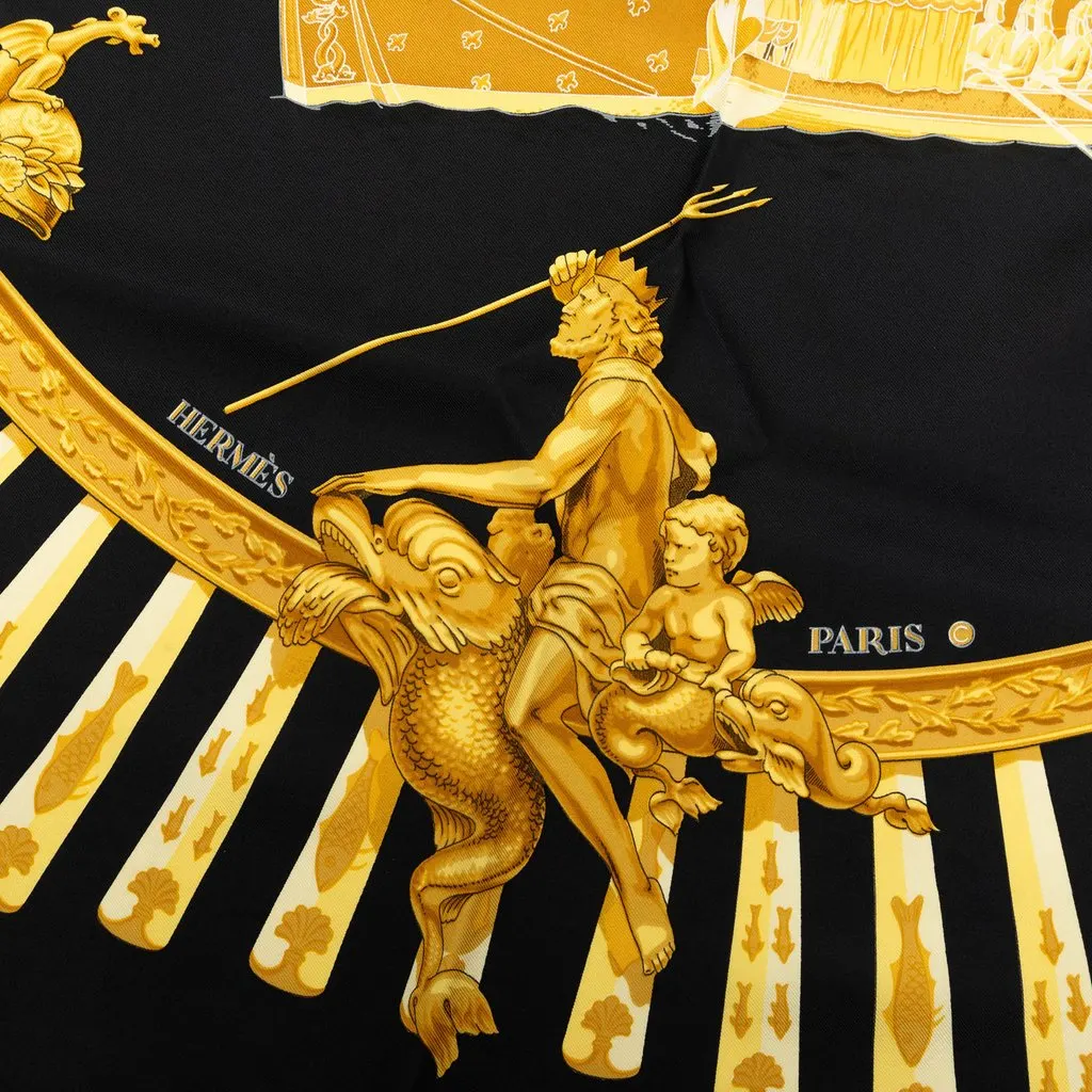 Hermès La Marine a Rames Silk Scarf 90 Black Silk Very good - Model View
