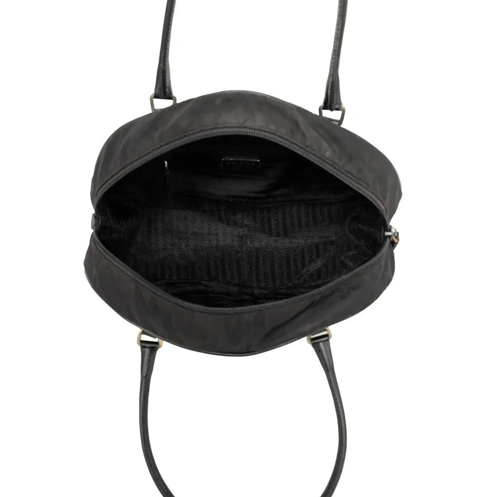 Prada Vitello Drive Trimmed Tessuto Bowler Bag Black Polyamide Good - Model View