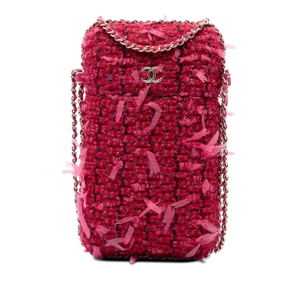 Chanel Tweed Chain Around Phone Holder Pink Very good - Front View