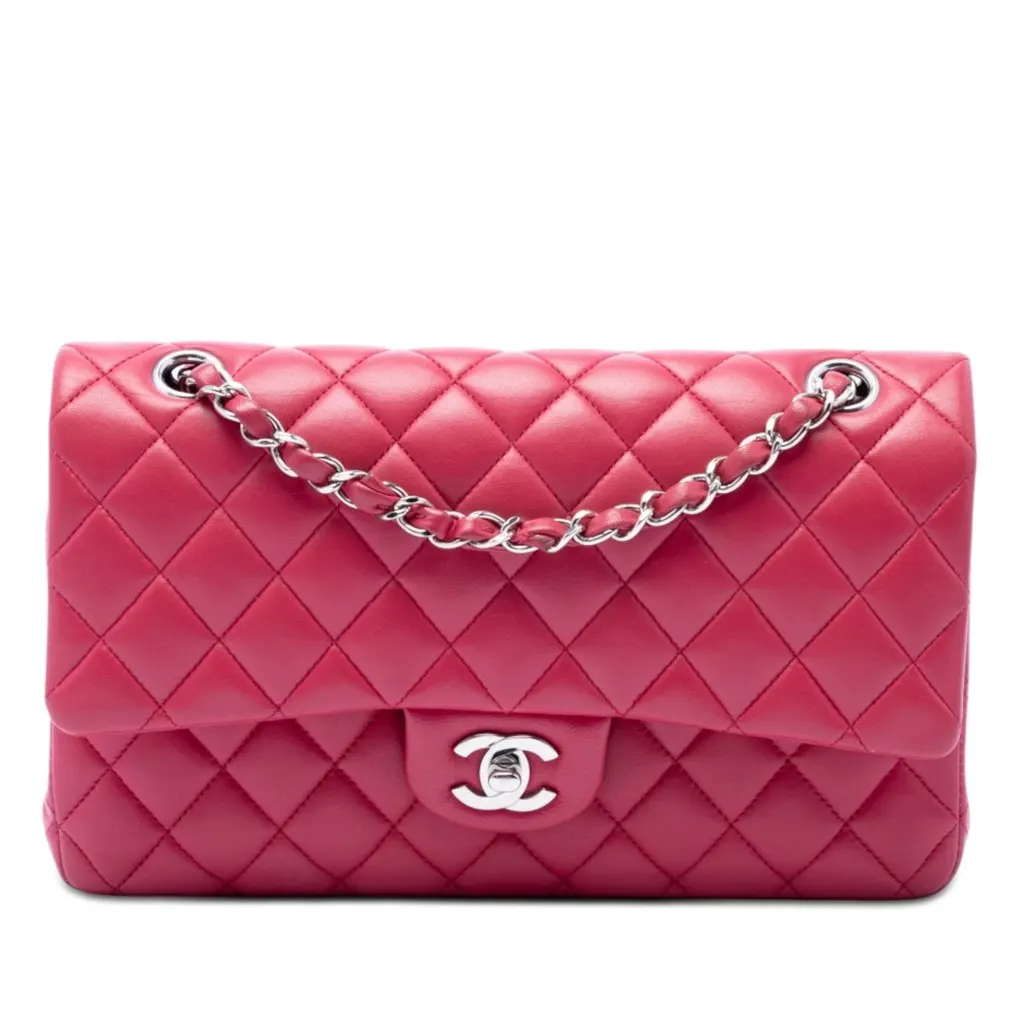 Chanel Medium Classic Lambskin Double Flap Pink Leather Very good - Front View
