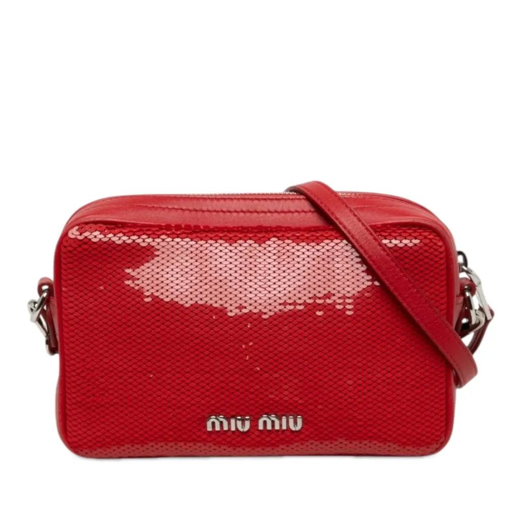 Miu Miu Sequins Paillettes and Calfskin Logo Crossbody Red Satin Very good - Front View