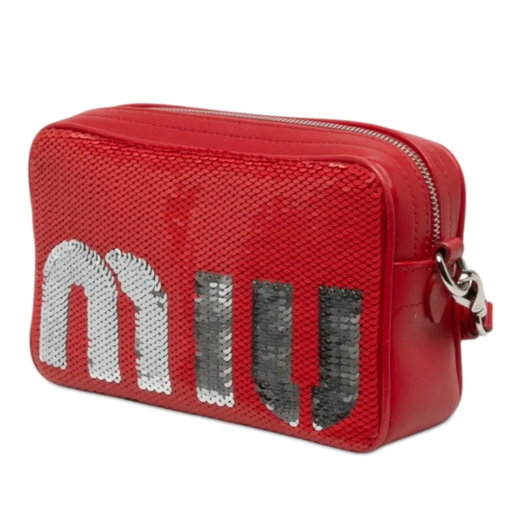 Miu Miu Sequins Paillettes and Calfskin Logo Crossbody Red Satin Very good - Back View