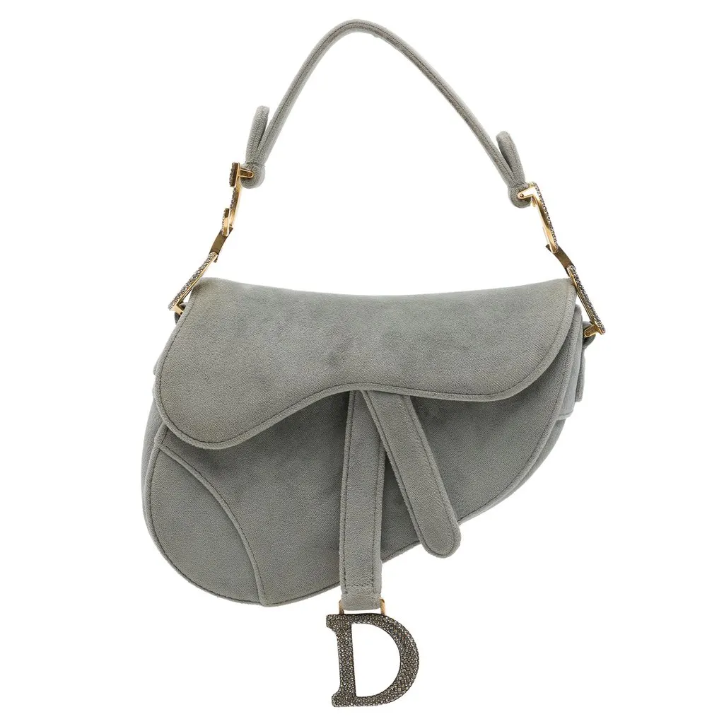 Dior Mini Velvet Crystal Embellished Hardware Saddle Bag Grey Velvet Very good - Front View