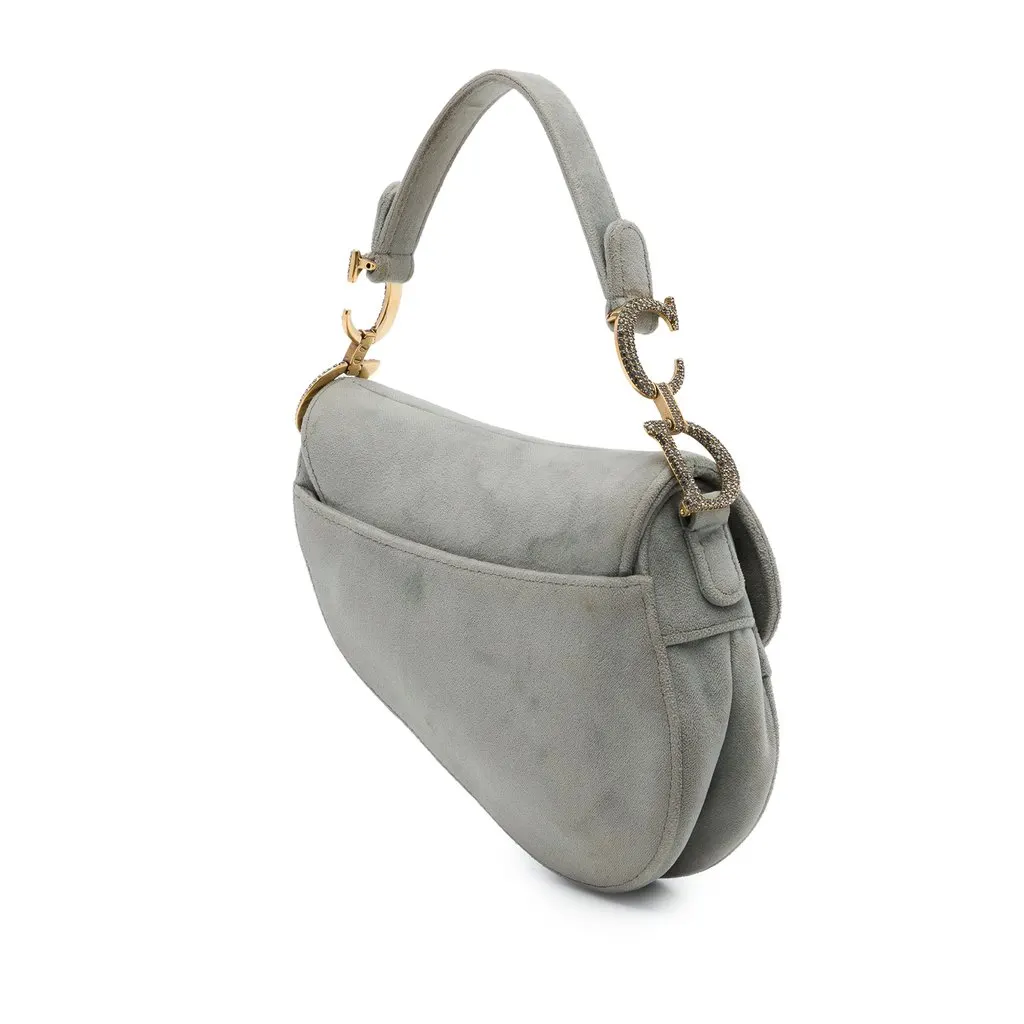 Dior Mini Velvet Crystal Embellished Hardware Saddle Bag Grey Velvet Very good - Back View
