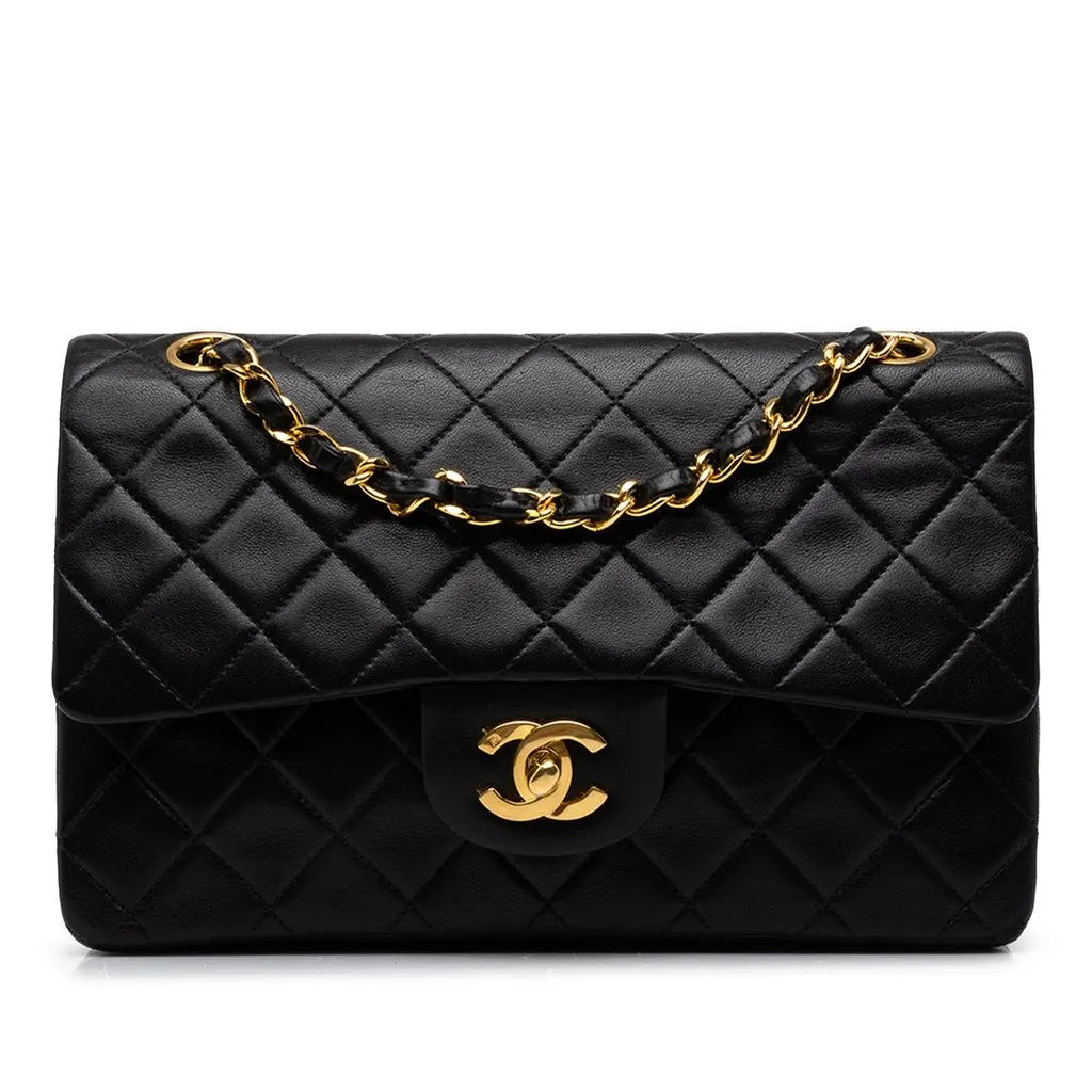 Chanel Small Classic Lambskin Double Flap Black Leather Good - Front View
