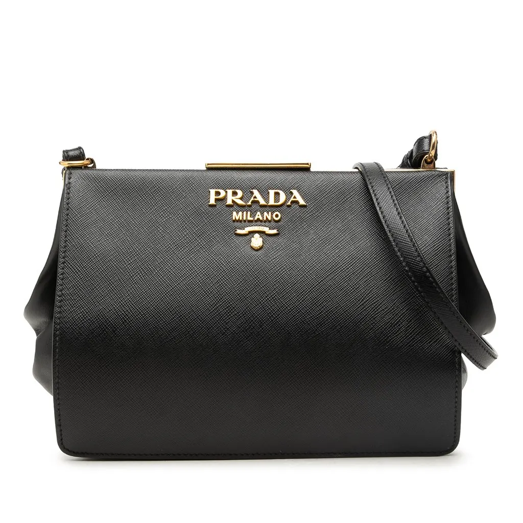 Prada Saffiano and City Calf Light Frame Crossbody Black Leather Very good - Front View