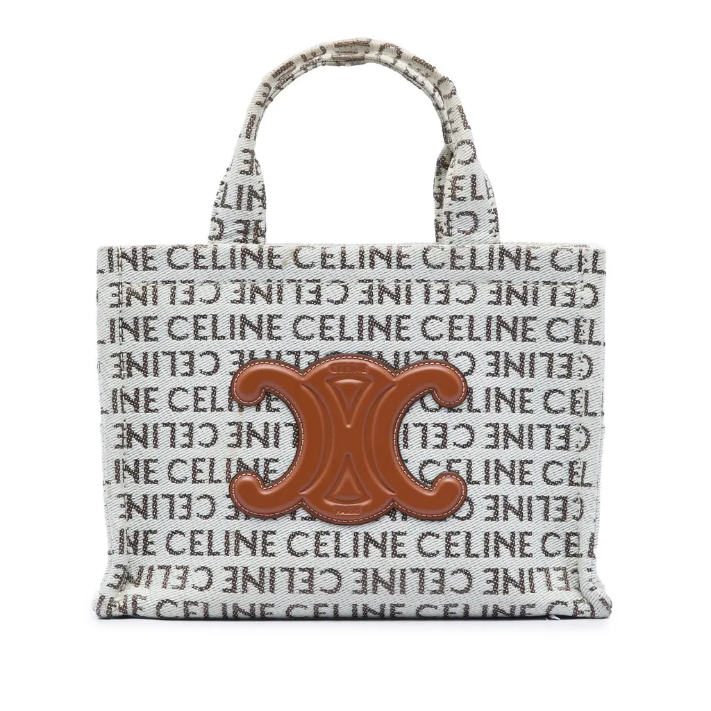 Celine Small All Over Logo Print Canvas Cuir Triomphe Cabas Thais Satchel White Very good - Front View