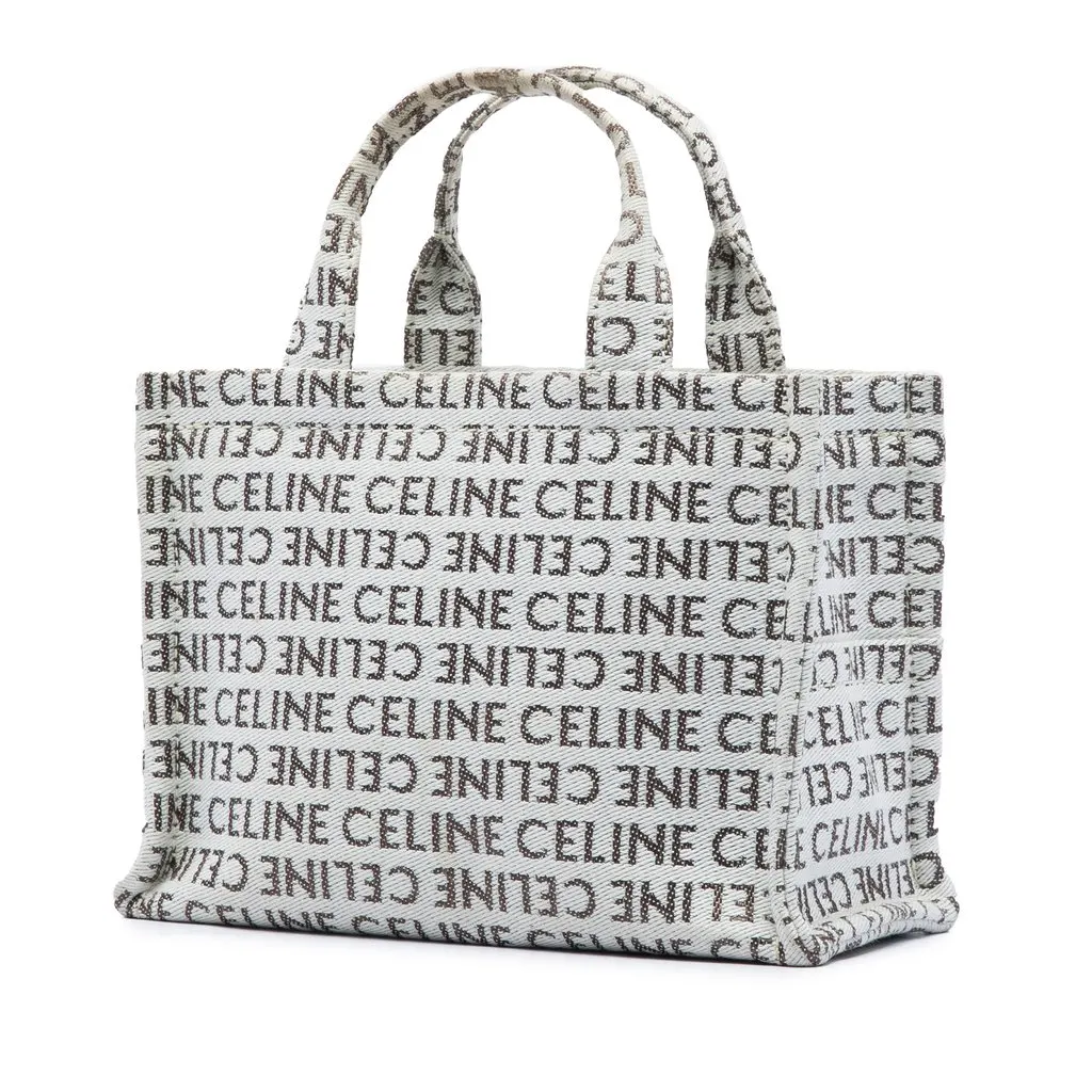 Celine Small All Over Logo Print Canvas Cuir Triomphe Cabas Thais Satchel White Very good - Back View