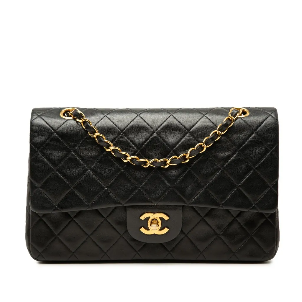 Chanel Medium Classic Lambskin Double Flap Black Leather Good - Front View