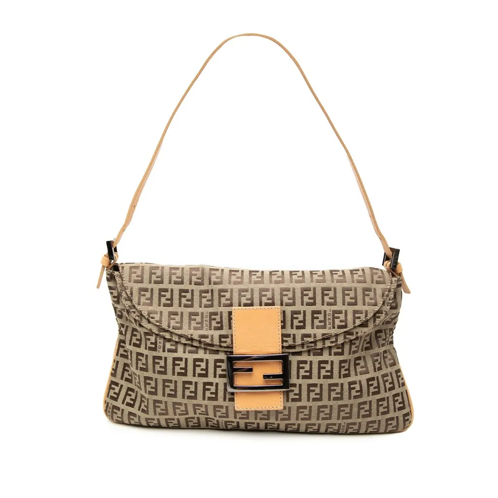 Fendi Zucchino Canvas Double Flap Shoulder Bag Brown Canvas Good - Front View