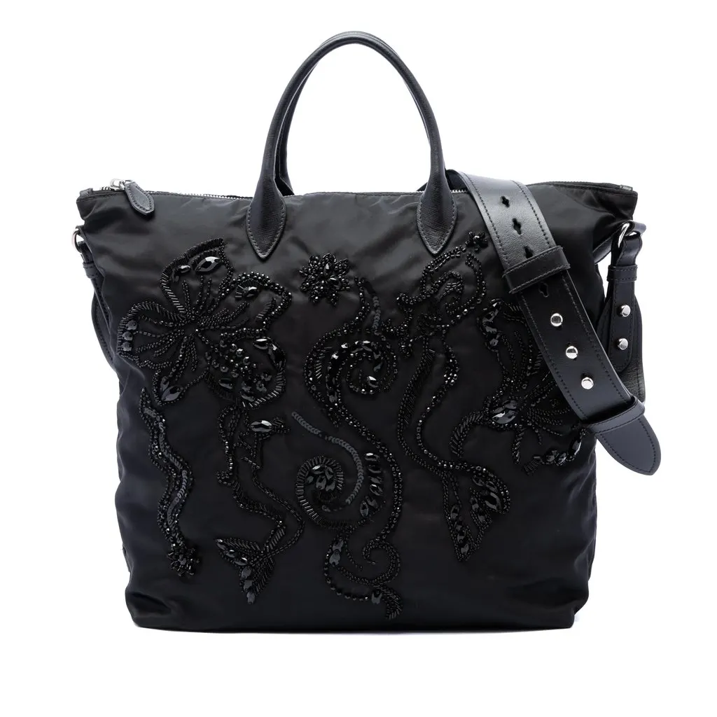 Prada Beaded Tessuto Floral Applique Convertible Tote Black Polyamide Good - Front View