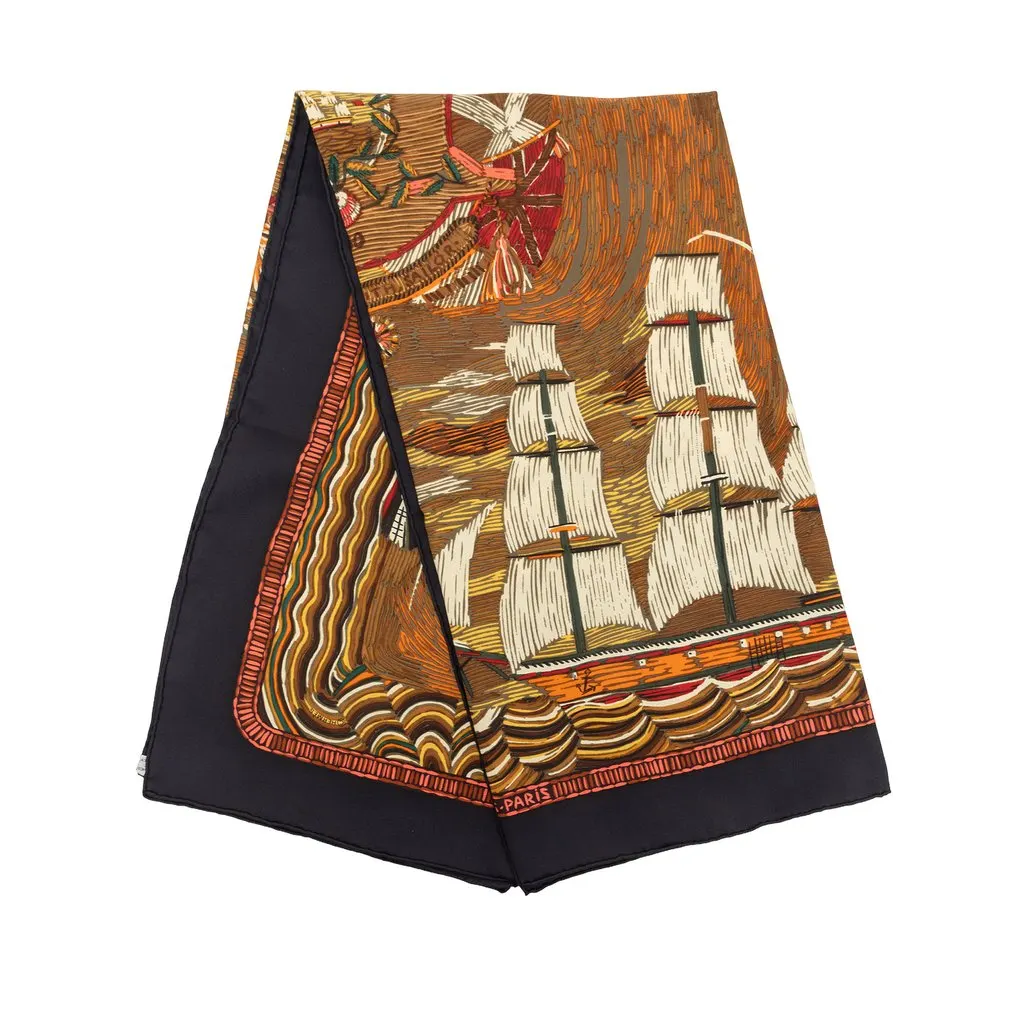 Hermès Marine Naive Silk Scarf 90 Brown Silk Never worn - Front View