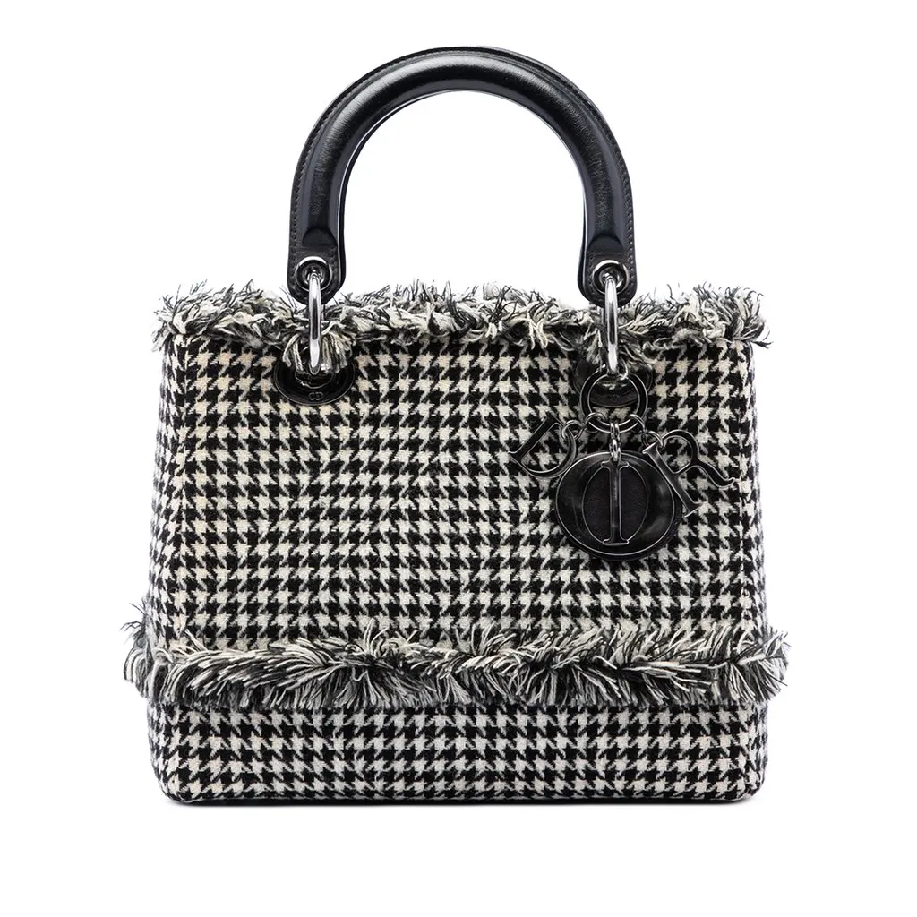 Dior Medium Tweed Fringe Houndstooth Lady Dior Black Tweed Very good - Front View