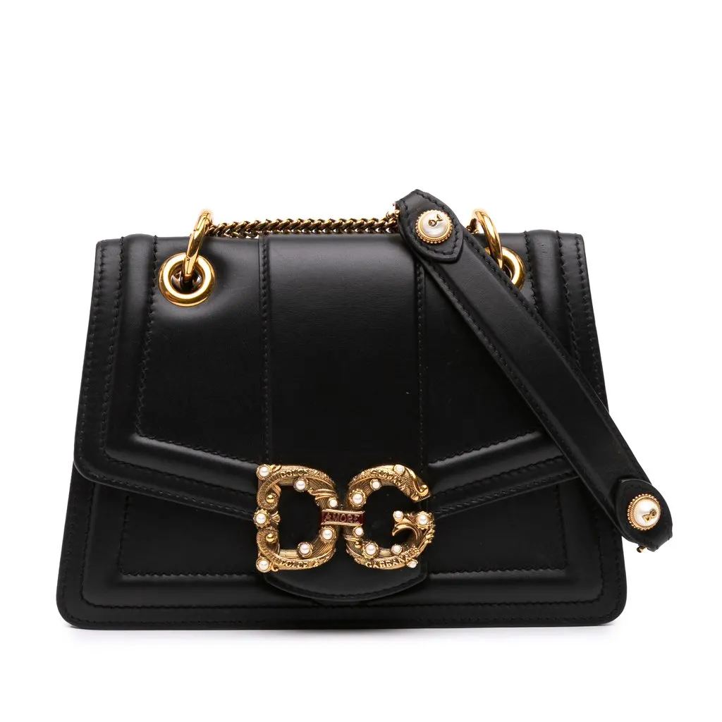 Dolce & Gabbana Calfskin DG Amore Crossbody Black Leather Good - Front View