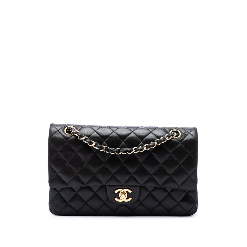 Chanel Medium Classic Lambskin Double Flap Black Leather Very good - Front View