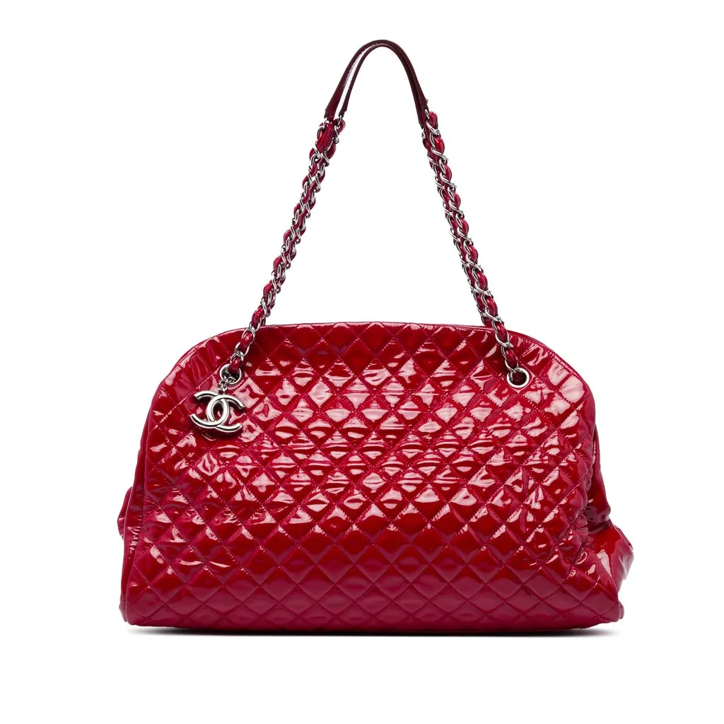 Chanel Maxi Quilted Patent Just Mademoiselle Bowling Bag Red Leather Good - Front View